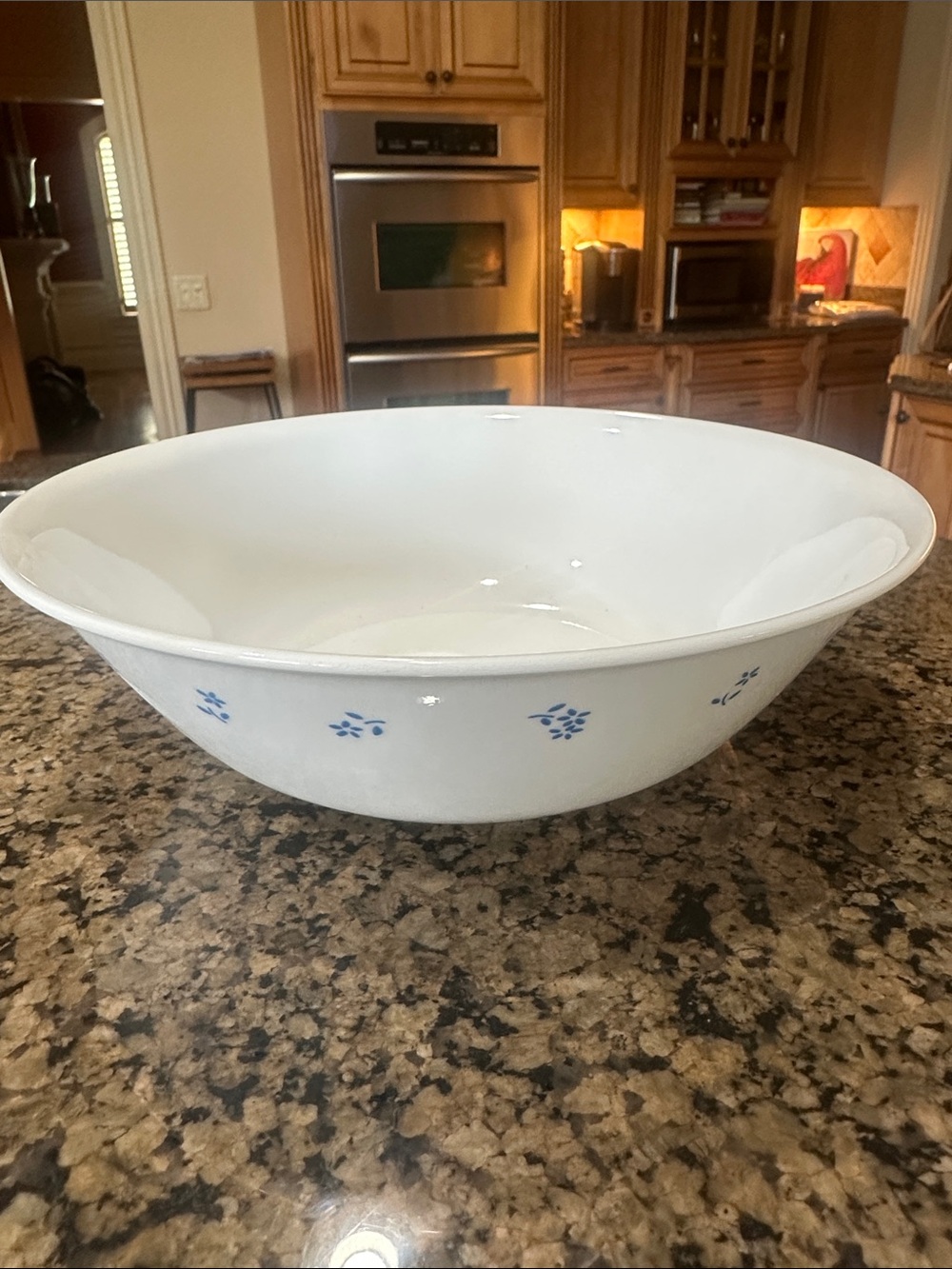 Large 8 1/2 inch Corelle White Serving Bowl with Blue Floral Accents